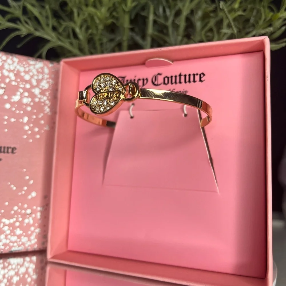 Juicy Couture Gold Heart Charm Bangle Bracelet Pink Gift Box NWT